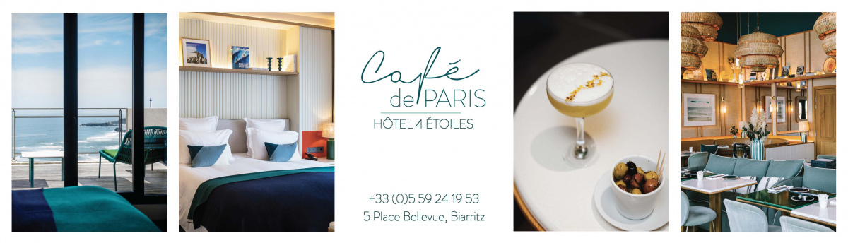 Café de Paris - Publicité - vue sur la mer, vue chambre, vue restaurant et plat